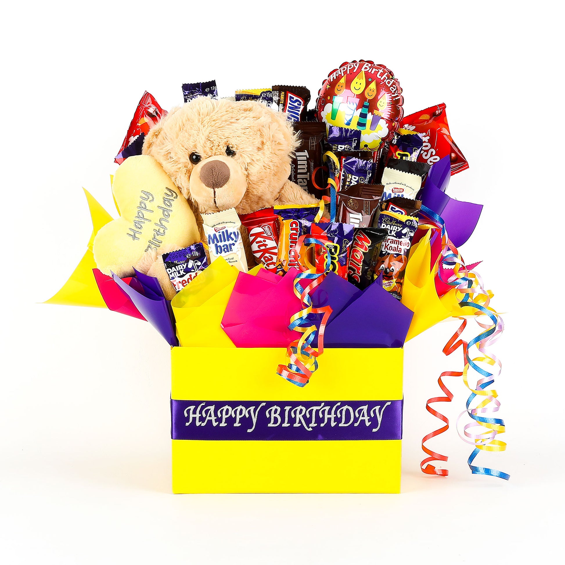 Birthday gift basket with teddy bear, balloons, and chocolates on a white background