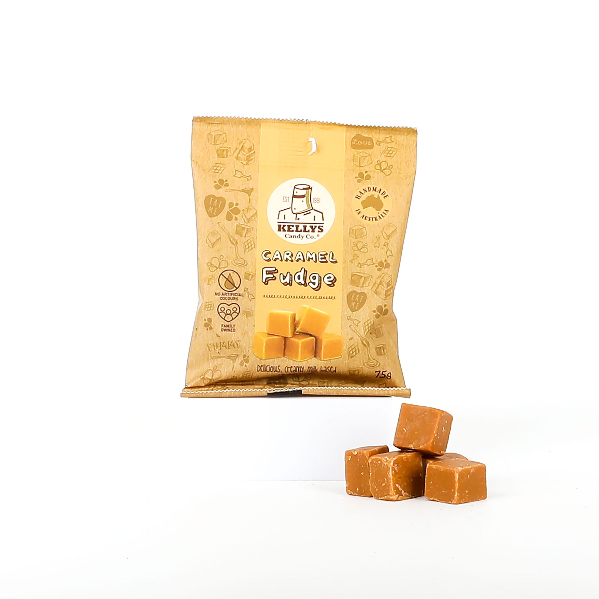 Packaged caramel fudge on a white background