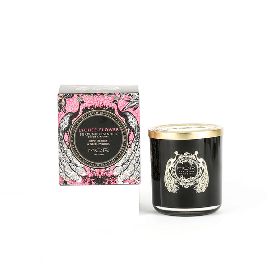 Mor Lychee Flower candle with packaging on a white background