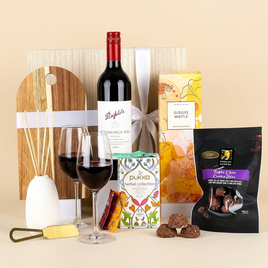 Celebration and congratulations hamper with red wine and treats