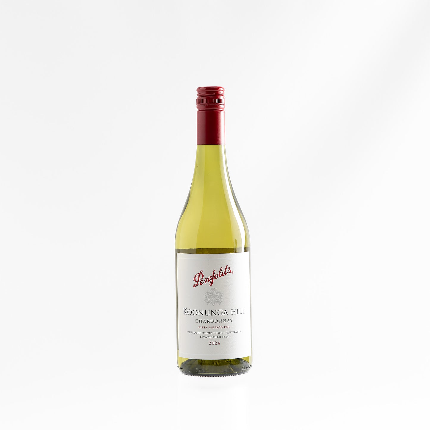 Bottle of Penfolds Chardonnay wine on a white background