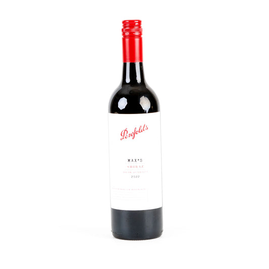 Penfolds wine bottle with red cap and white label on a white background