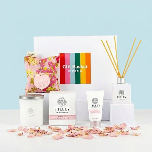 Pamper Gift Basket and Hamper. Candle, Heat Pillow and Diffuser gift in Pink Lychee scents. Pamper Gift delivery nationwide.