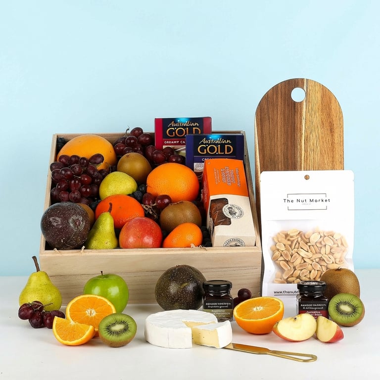 Fresh fruit baskets and hampers with gourmet nibbles. Fresh fruit baskets delivered same day. Get well gift basket .