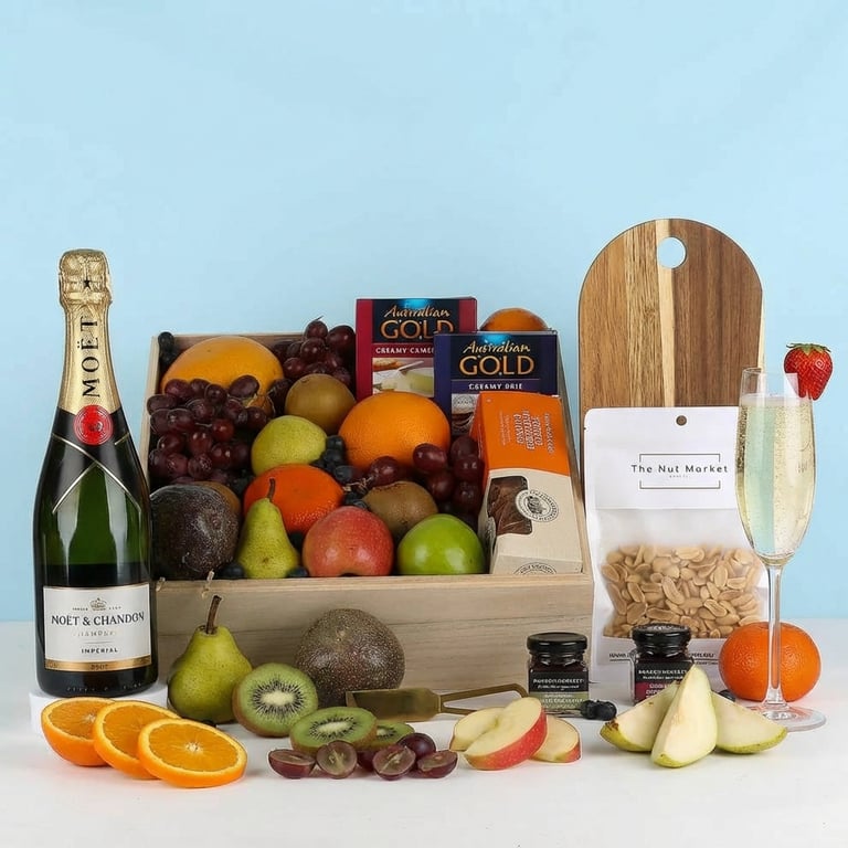 Moet, Fruit & Nibbles Basket and hamper.
Delivered same day