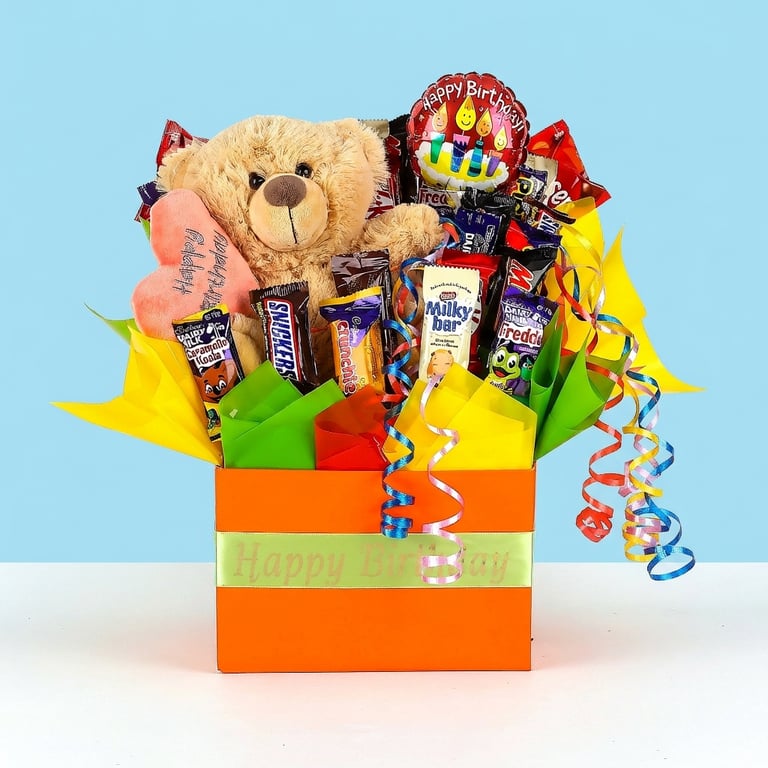 Happy birthday chocolate bouquet with teddy bear orange .Delivered nationwide.