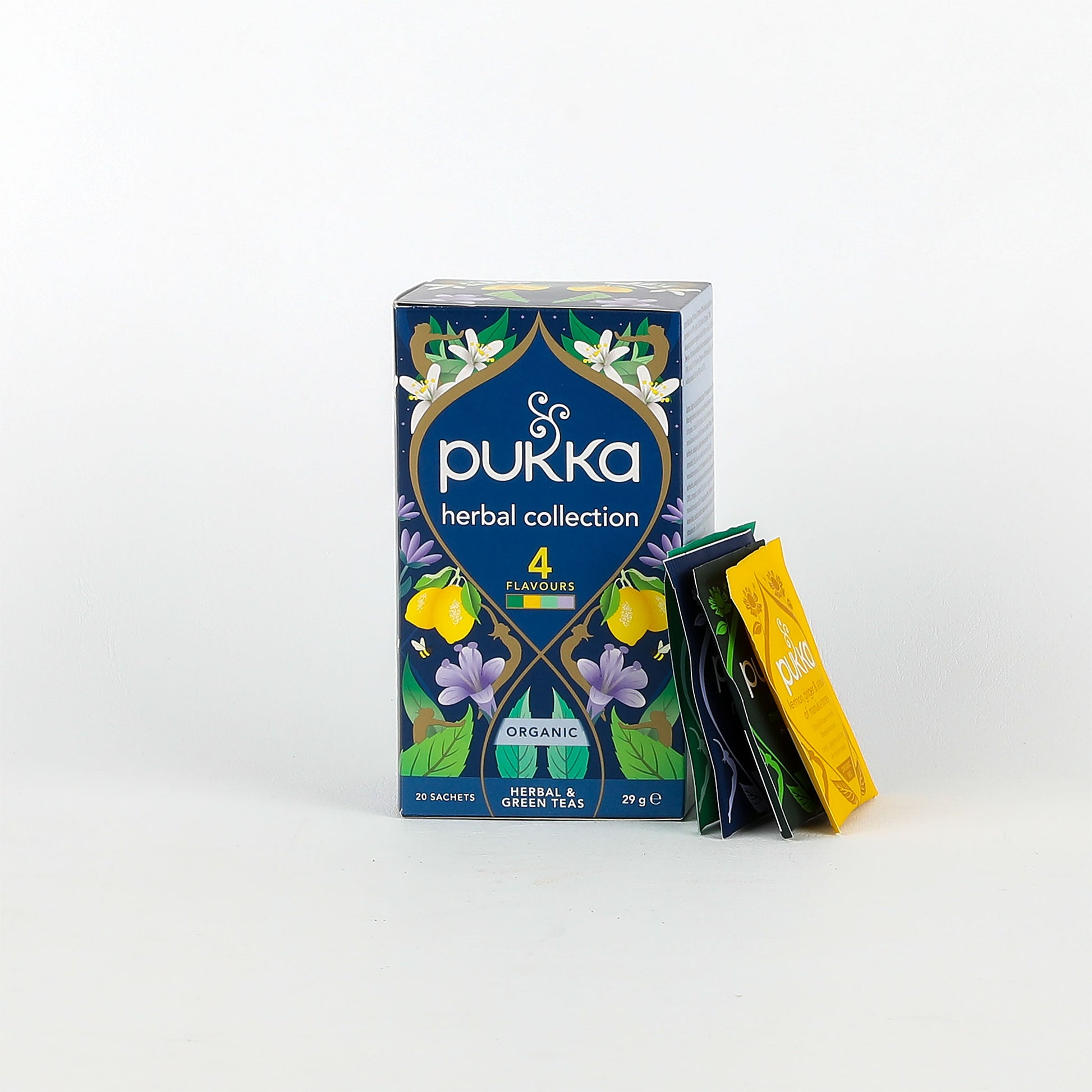 Pukka herbal tea collection packaging on a white background