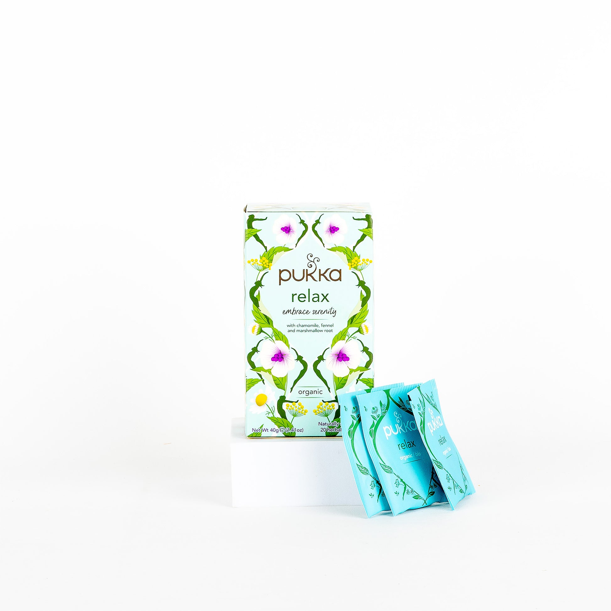 Pukka Relax tea packaging on a white background