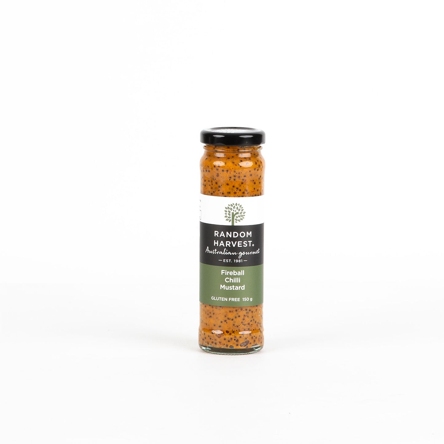 Bottle of Random Harvest Fireball Chilli Mustard on a white background