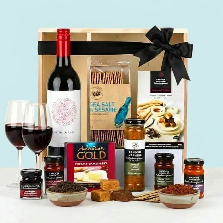 Random Harvest Gourmet Premium Hamper with Red Wine. Gift delivery Nationwide. Same day gift delivery