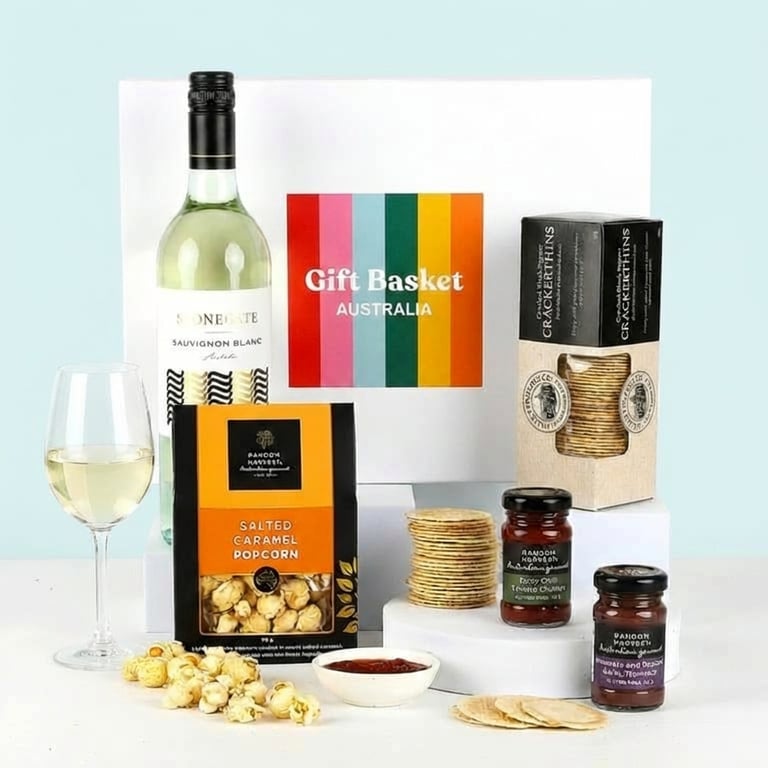 Sauvignon Blanc gift hamper with nibbles. Delivered nationwide