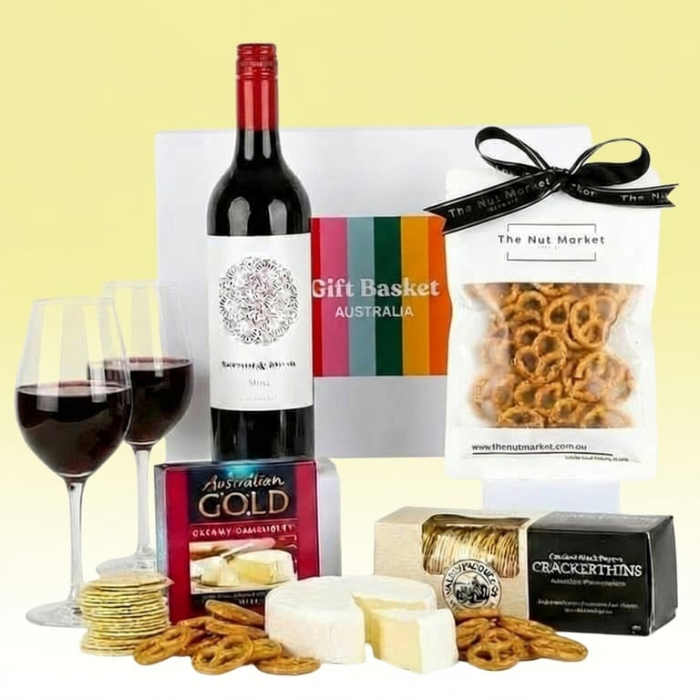 Shiraz Red wine and cheese gift hamper. Wine and cheese gift basket hamper delivery nationwide.