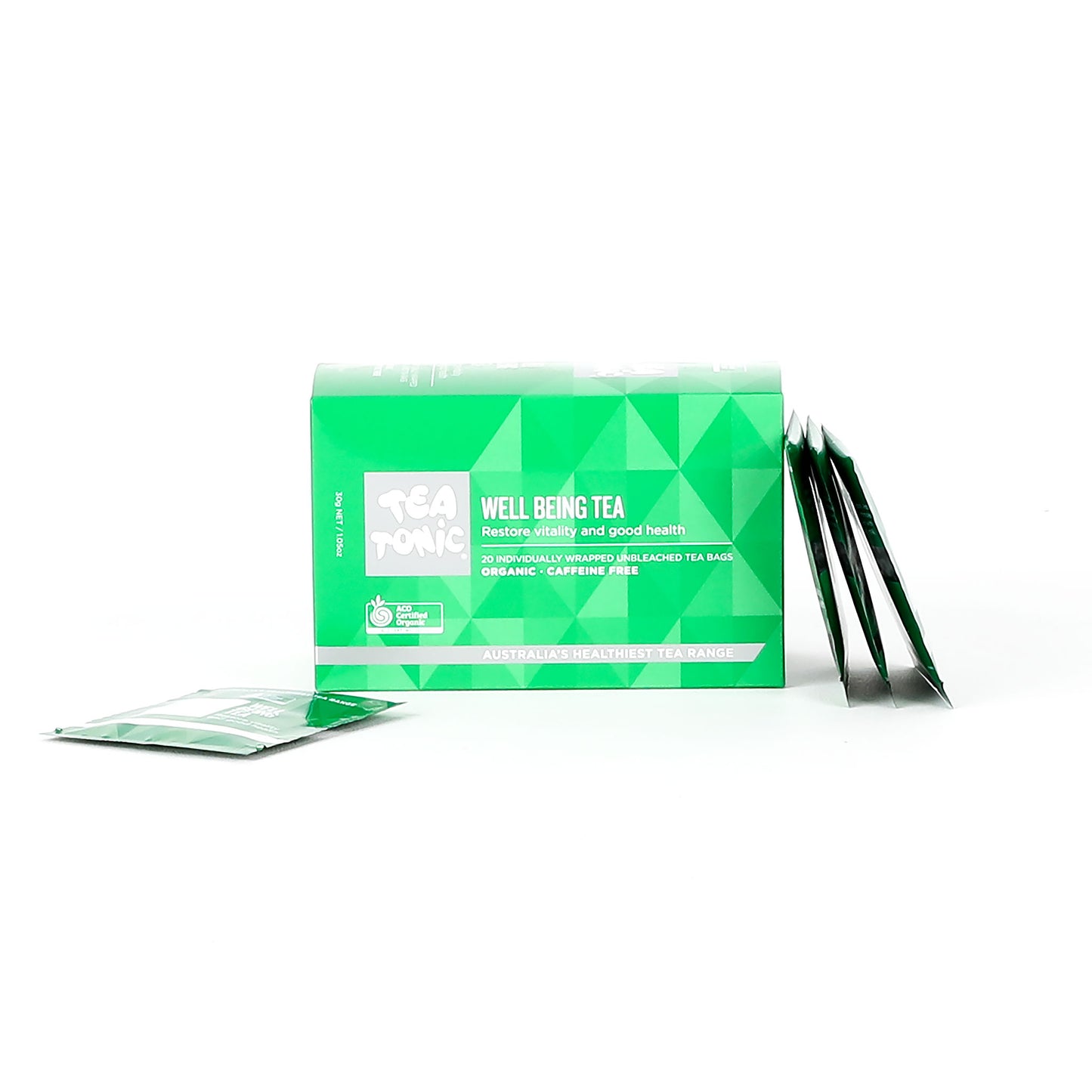 Box of 'Well Being Tea' with tea bags on a white background