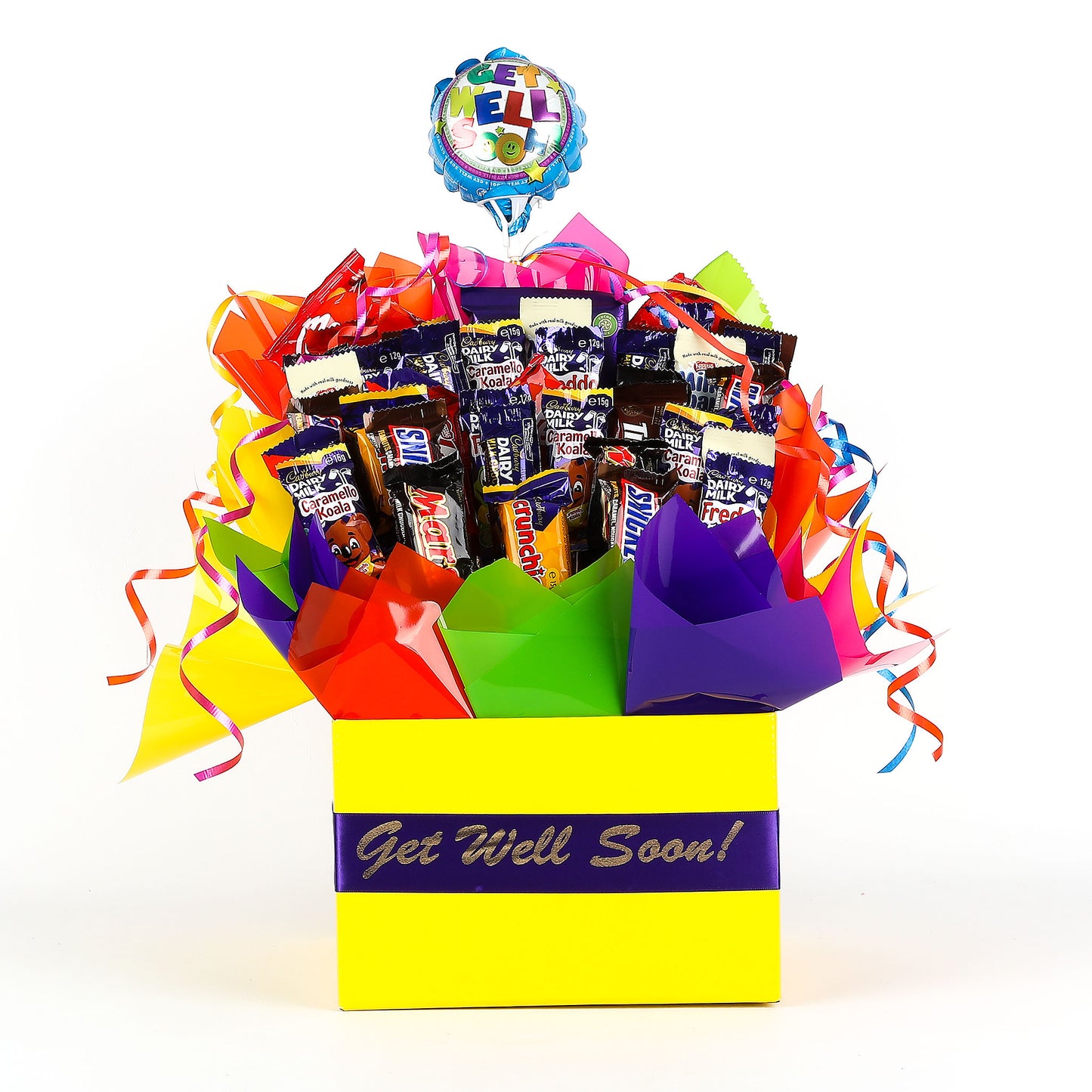 Colorful gift box filled with various chocolates and a Get Well-themed balloon on a white background