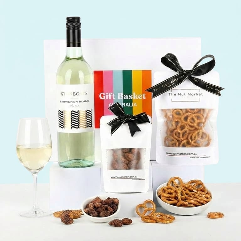 White wine and Nibbles Gourmet Gift Basket Hamper delivery. Nationwide next day delivery. Same day gift basket delivery.