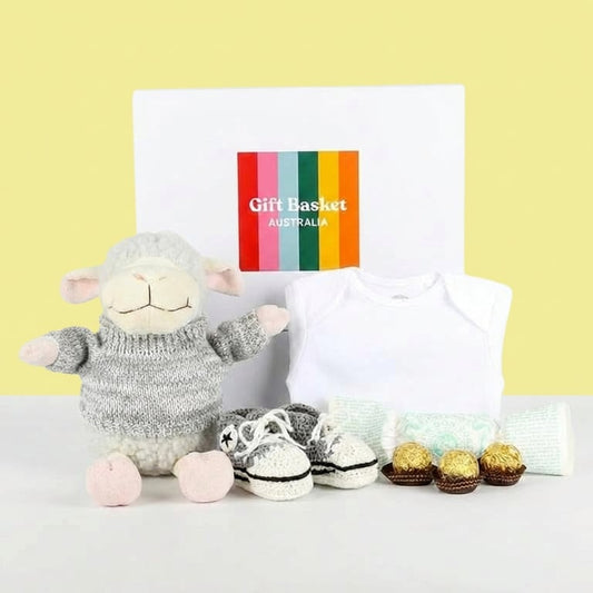 Cute baby gift with plush toy and essentials. Baby gift delivery nationwide. Gift baskets and hamper delivery nationwide