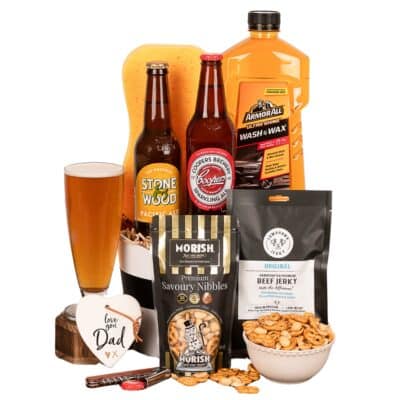 Gift hamper including two Australian craft beers, an assortment of savoury snacks, carwash and a sponge. Great for Father's Day.