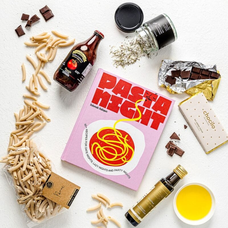 Pasta night gift Hamper including a pasta book, pasta, oil, sauce and other snacks.